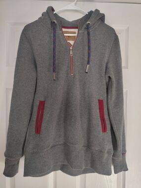 Men's Grey Half-Zip Hooded Sweater with Red Accent